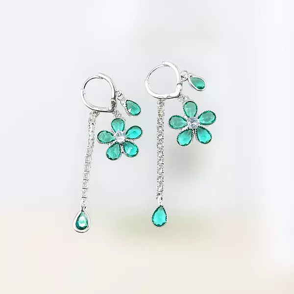 Emerald & Diamond Flower Drop Earrings - Long Dangle Statement Jewelry