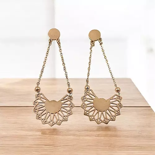 Elegant Gold Sunburst Dangle Earrings | Geometric Filigree Drop Chain