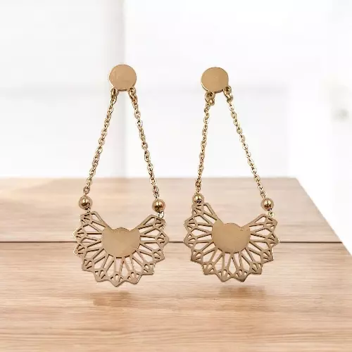 Elegant Gold Sunburst Dangle Earrings | Geometric Filigree Drop Chain