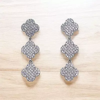 Sparkling Clover Dangle Earrings | Rhodium Plated CZ Drop Jewelry