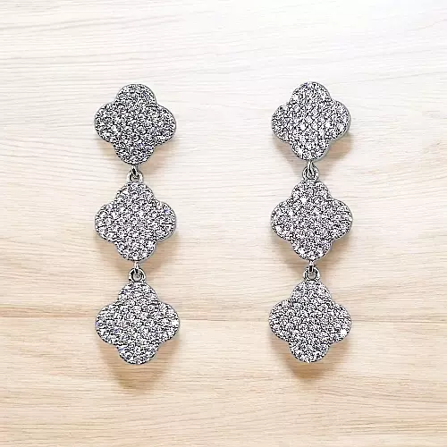Sparkling Clover Dangle Earrings | Rhodium Plated CZ Drop Jewelry