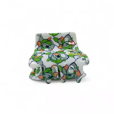 Retro Floral Mini Hair Claw Clip - Green & White Acetate Jaw Clip