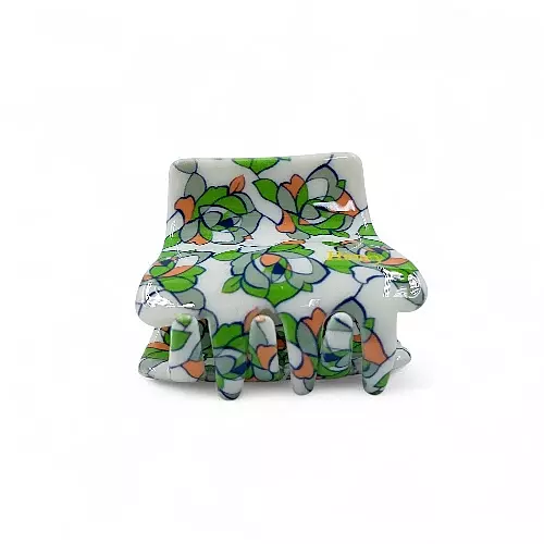 Retro Floral Mini Hair Claw Clip - Green & White Acetate Jaw Clip