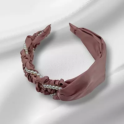 Chic Mauve Satin Pearl Accent Headband - Ruched Fabric Hair Accessory