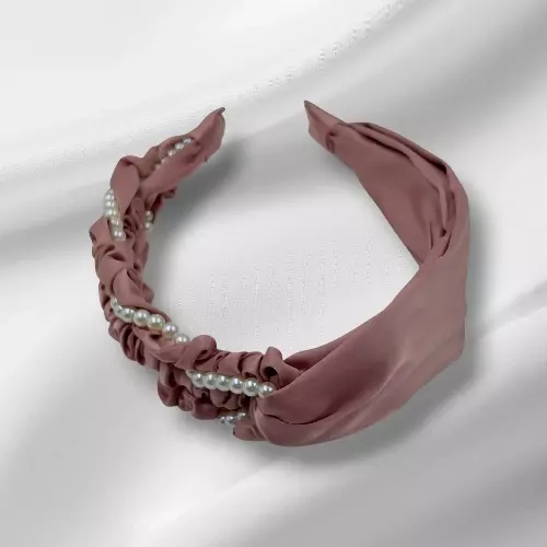 Chic Mauve Satin Pearl Accent Headband - Ruched Fabric Hair Accessory