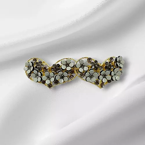 Gold Double Heart Floral Rhinestone Hair Barrette Clip