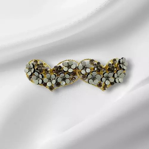 Gold Double Heart Floral Rhinestone Hair Barrette Clip