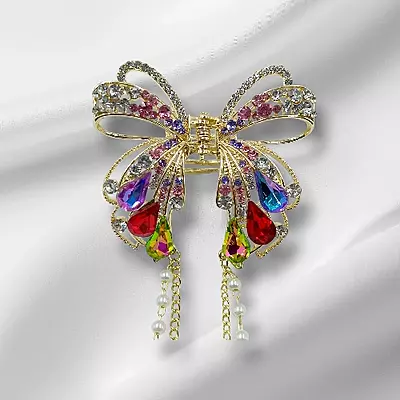 Gold Rhinestone Butterfly Claw Clip with Dangle Chains