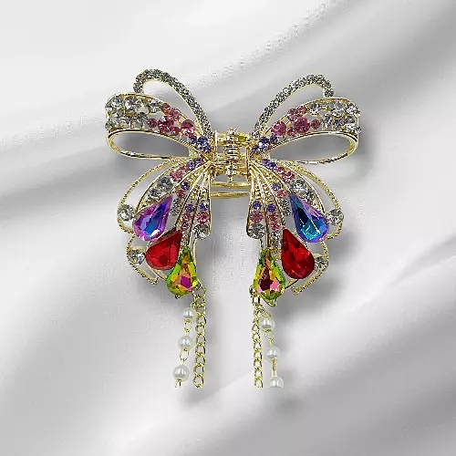 Gold Rhinestone Butterfly Claw Clip with Dangle Chains