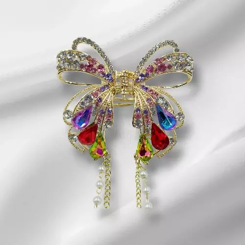 Gold Rhinestone Butterfly Claw Clip with Dangle Chains