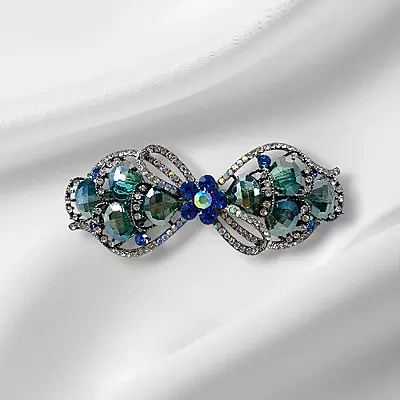 Teal & Blue Crystal Bow Hair Barrette - Elegant Gemstone Hair Clip