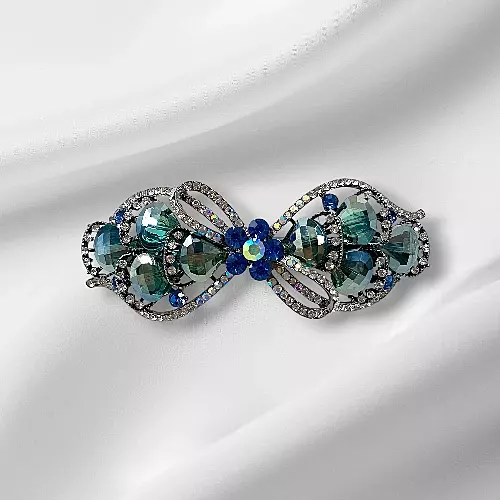 Teal & Blue Crystal Bow Hair Barrette - Elegant Gemstone Hair Clip