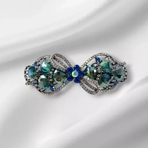 Teal & Blue Crystal Bow Hair Barrette - Elegant Gemstone Hair Clip