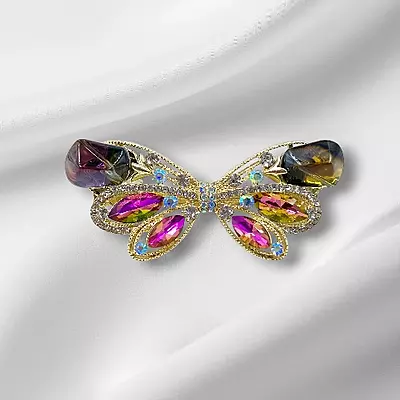 Gold Multi-Color Crystal Butterfly Hair Barrette Clip