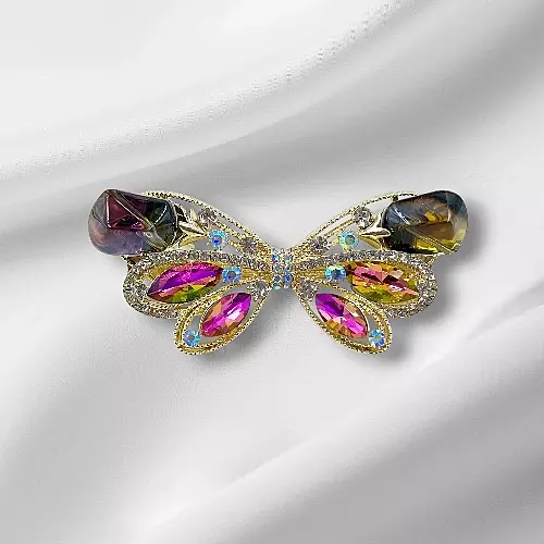 Gold Multi-Color Crystal Butterfly Hair Barrette Clip
