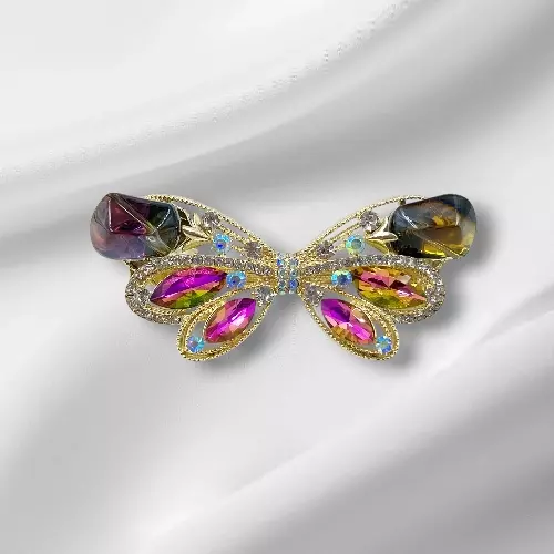 Gold Multi-Color Crystal Butterfly Hair Barrette Clip
