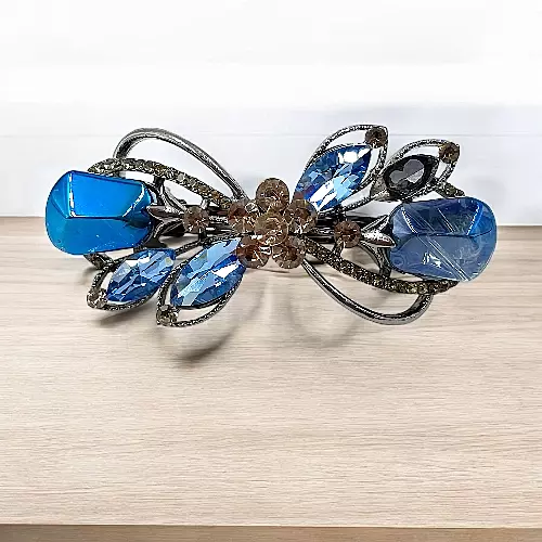 Elegant Blue Crystal Barrette - Gunmetal Butterfly Hair Clip