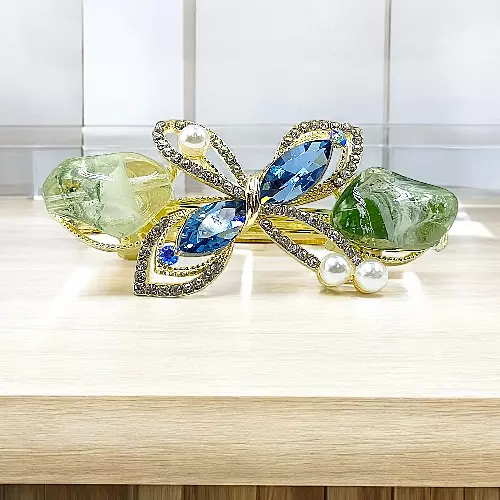 Elegant Dragonfly Barrette: Blue Crystal & Green Gemstone Hair Clip