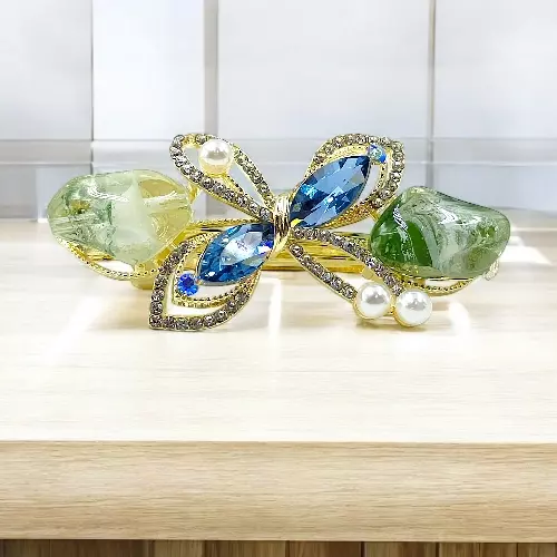 Elegant Dragonfly Barrette: Blue Crystal & Green Gemstone Hair Clip
