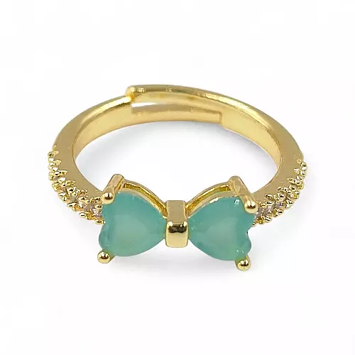 Gold-Plated Adjustable Butterfly Bow Ring - Turquoise Zircon