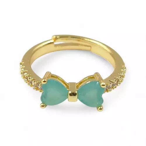 Gold-Plated Adjustable Butterfly Bow Ring - Turquoise Zircon