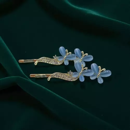 Elegant Golden Blue Butterfly Hair Clips for Women