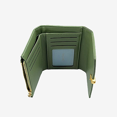 Sage Green Trifold Leather Wallet with Gold Hardware Accent