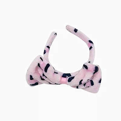 Pink Leopard Plush Bow Headband - Soft Spa Hair Band