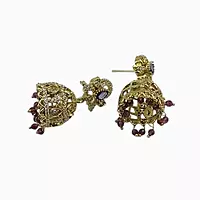 Gold-Plated CZ Jhumka Earrings with Purple Bead Droplets