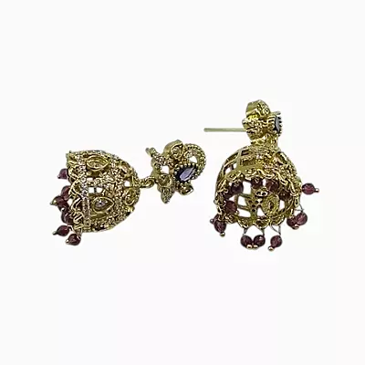 Gold-Plated CZ Jhumka Earrings with Purple Bead Droplets