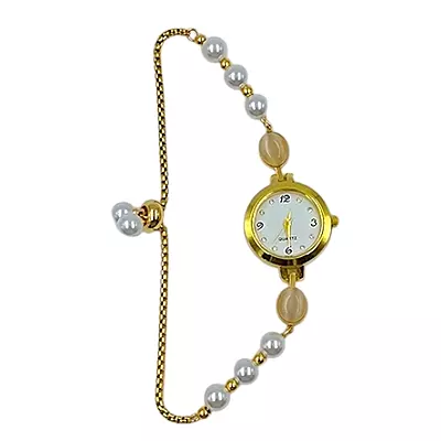 Elegant Women's Pearl & Cat-Eye Stone Bracelet Watch