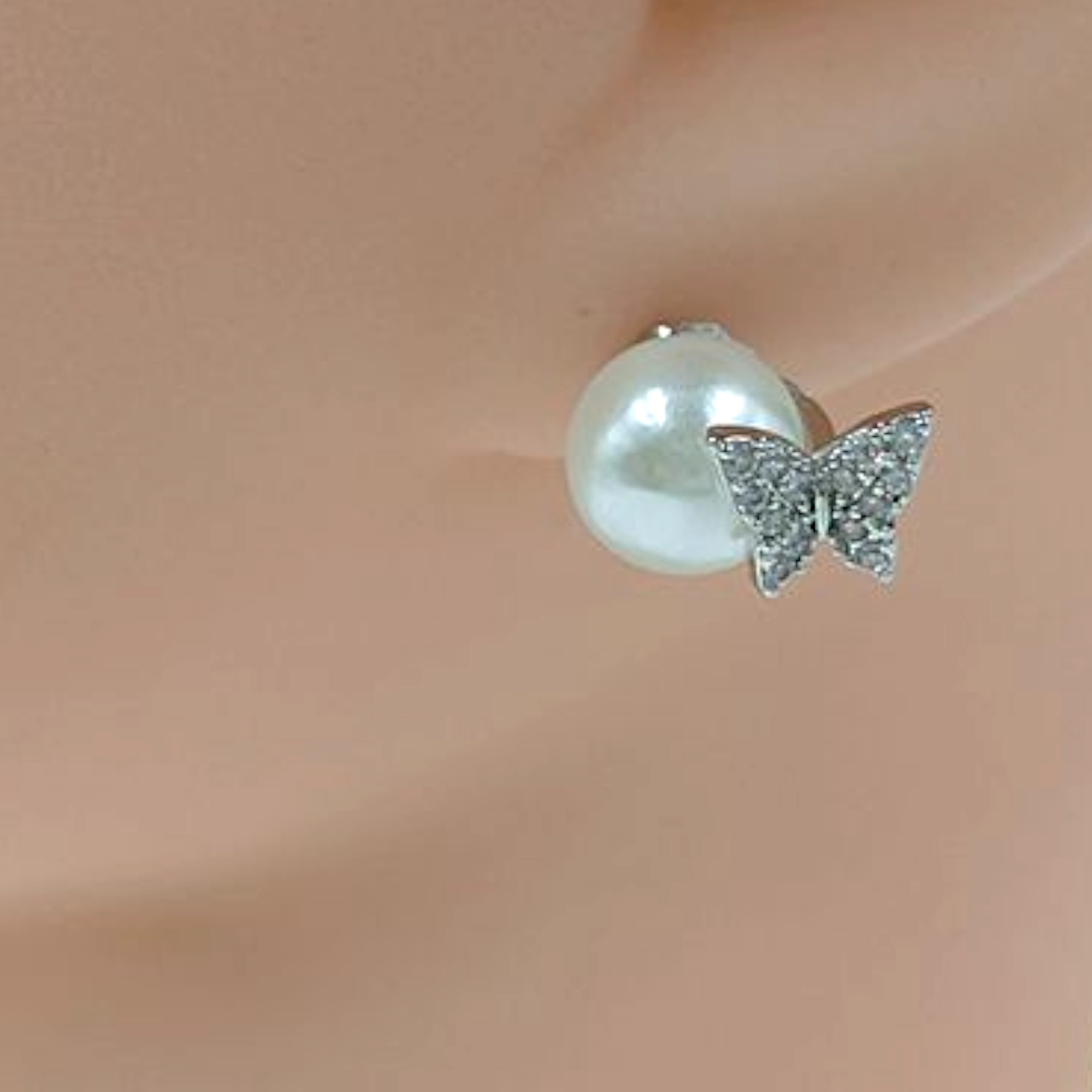 Elegant Pearl & Pave CZ Butterfly Stud Earrings