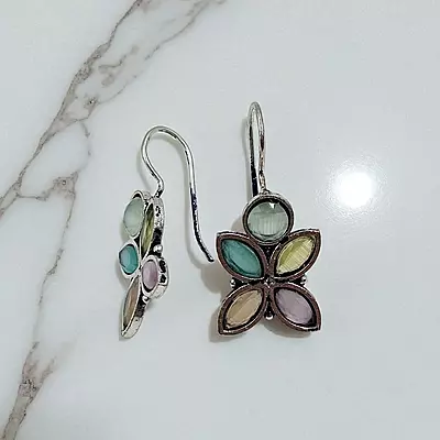 Colorful Gemstone Butterfly Earrings - Silver-Toned Floral Drop Earrings