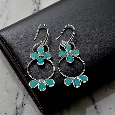 Turquoise Floral Hoop Earrings - Silver-Toned Statement Dangle Earrings