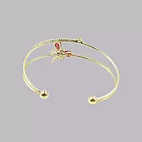Elegant Red Dragonfly Gold-Plated Double Cuff Bracelet with Zircon Stones