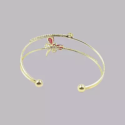 Elegant Red Dragonfly Gold-Plated Double Cuff Bracelet with Zircon Stones