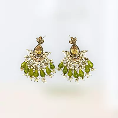 Ethnic Kundan & Bead Chandelier Earrings | Olive Green Drops | Traditional Jhumka Style