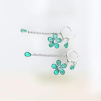 Emerald & Diamond Flower Drop Earrings - Long Dangle Statement Jewelry