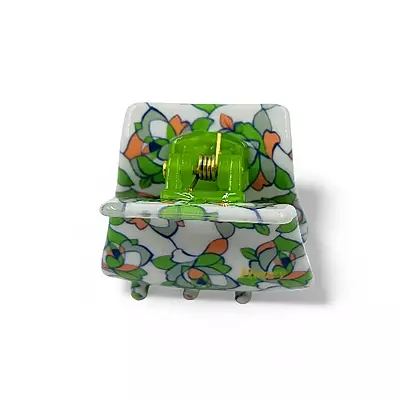 Retro Floral Mini Hair Claw Clip - Green & White Acetate Jaw Clip