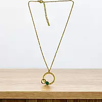 Anti-Tarnish Stainless Steel Gold Circle Pendant Necklace with Green Gemstone