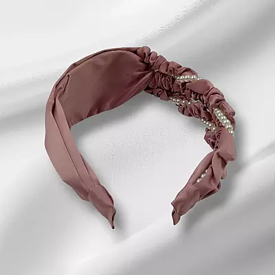 Chic Mauve Satin Pearl Accent Headband - Ruched Fabric Hair Accessory