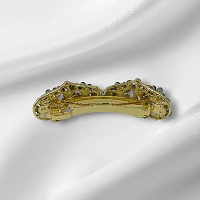 Gold Double Heart Floral Rhinestone Hair Barrette Clip