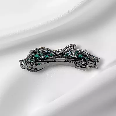 Teal & Blue Crystal Bow Hair Barrette - Elegant Gemstone Hair Clip