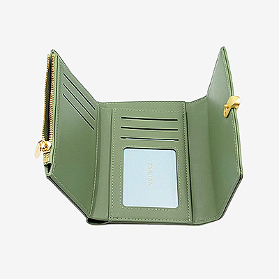 Sage Green Trifold Leather Wallet with Gold Hardware Accent