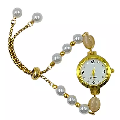 Elegant Women's Pearl & Cat-Eye Stone Bracelet Watch