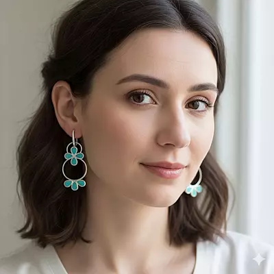 Turquoise Floral Hoop Earrings - Silver-Toned Statement Dangle Earrings