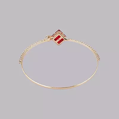 Red Square Stone & Diamond Studded Gold-Toned Bangle Bracelet | Adjustable Fashion Jewelry