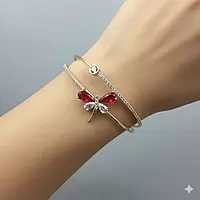 Elegant Red Dragonfly Gold-Plated Double Cuff Bracelet with Zircon Stones