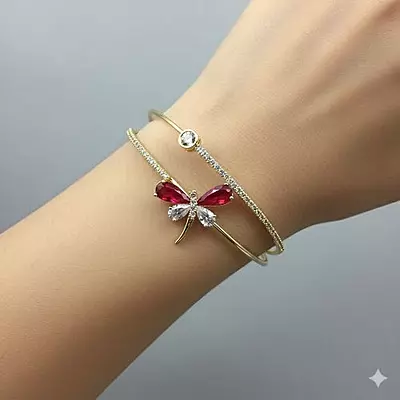 Elegant Red Dragonfly Gold-Plated Double Cuff Bracelet with Zircon Stones