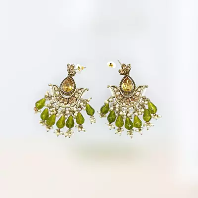 Ethnic Kundan & Bead Chandelier Earrings | Olive Green Drops | Traditional Jhumka Style